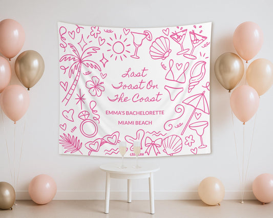 Last Toast on the Coast pink banner, Personalized Pink Beach Bachelorette Backdrop, Coastal Bach Party Sign, Custom Bachelorette Tapestry